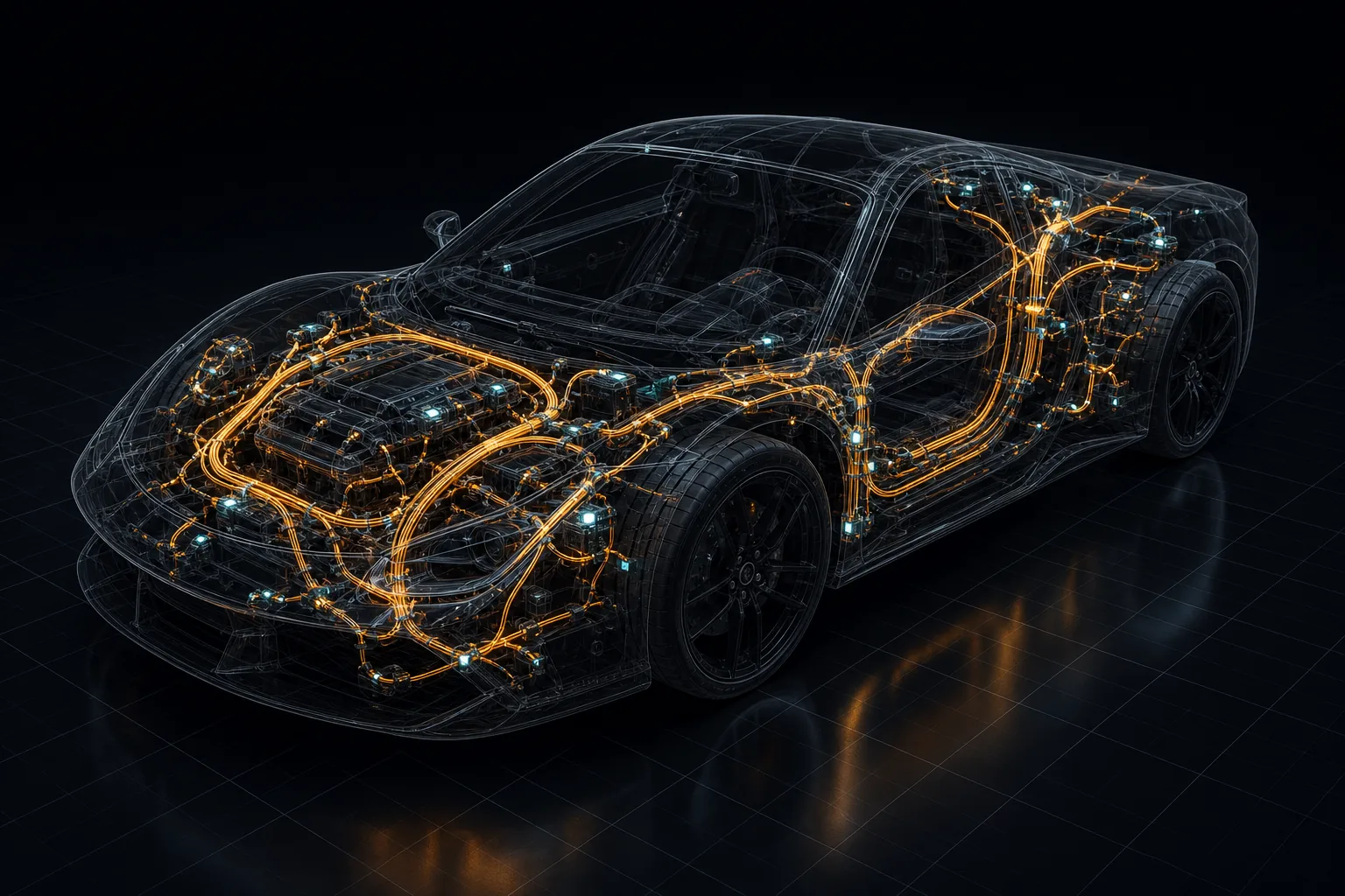 Stylised render of a wiring harness routed through a translucent car chassis